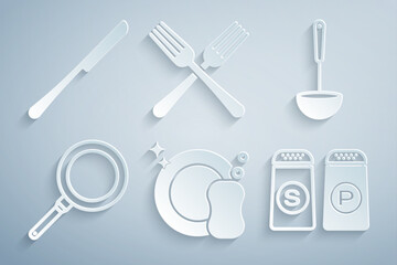 Set Washing dishes, Kitchen ladle, Frying pan, Salt and pepper, Crossed fork and Knife icon. Vector