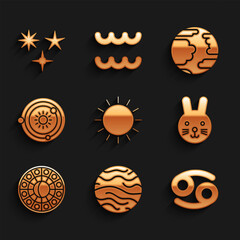 Set Sun, Planet Venus, Cancer zodiac, Rabbit, Astrology horoscope circle, Solar system, Mercury and Falling star icon. Vector