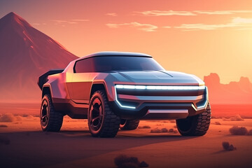 Obraz premium A futuristic car in a desert landscape. Generative AI.