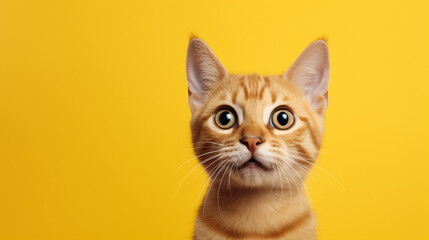A cute orange kitten on yellow background. Generative AI. - obrazy, fototapety, plakaty
