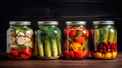 Preserves vegetables in glass jars in an old box. On the black chalkboard.