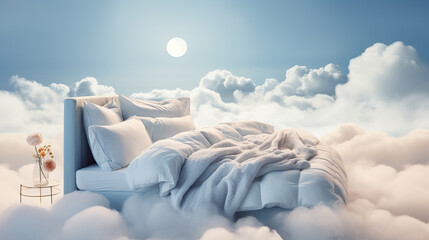 A comfortable bed for sleeping in clouds. Generative AI.