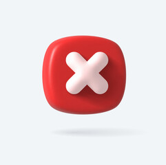 Vector Render 3d of Right Cross Icon. Red color. Approvement icon or emblem. Vector illustration