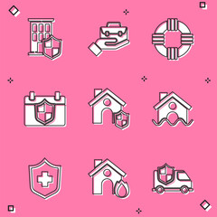 Set House with shield, Hand holding briefcase, Lifebuoy, Calendar, flood, Health insurance and Fire burning house icon. Vector