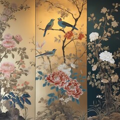 Chinoiserie wall art with flower and bird  super detailed ultra luxury painting style