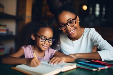 Mom helps daughter do homework sitting at table writing in notebook right answer. African American mom in cozy modern apartment helps daughter with lessons. - obrazy, fototapety, plakaty