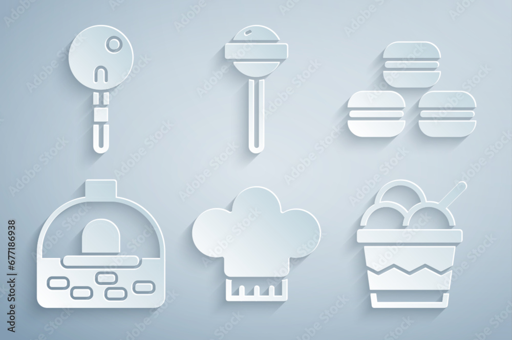 Wall mural set chef hat, macaron cookie, brick stove, ice cream in bowl, lollipop and icon. vector