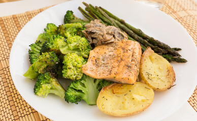 Delicious dish of fried river trout fillet with garnish of broccoli, asparagus sprouts, baked potatoes and mushroom sauce