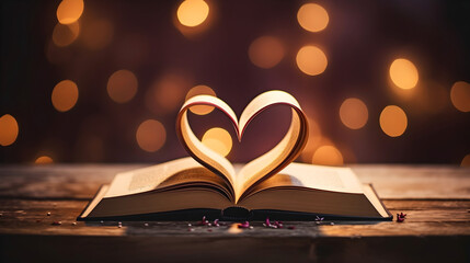 The Book of Love; An open book with pages folded into the shape of a heart; Valentine's Day theme - obrazy, fototapety, plakaty