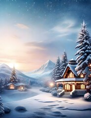 Christmas Winter Wonderland Design Background, snow-covered mountains, where nature's ethereal display meets the serene winter landscape, generative ai