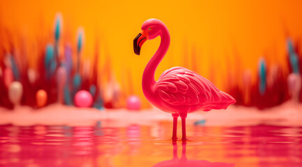 Pink toy flamingo standing in the field with a colorful background