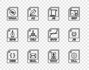 Set line CSS file document, DLL, JS, EML, WMA, OBJ, WAV and icon. Vector