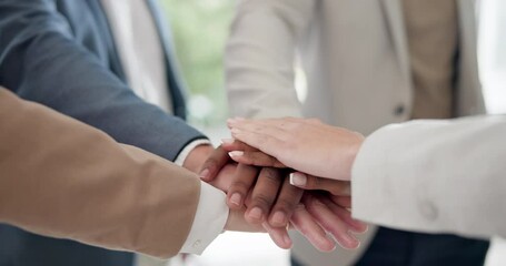 Team, hands and business people huddle for trust, support or cooperation together. Collaboration, solidarity and group with motivation, success and synergy for goal achievement, target and community