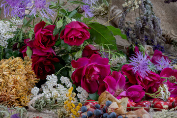 Breath of autumn. Ikebana of autumn flowers, fruits, leaves.