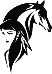 american indian woman with feathers in long hear and wild mustang horse head - native tribal spiritual black and white vector design