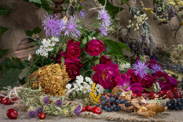 Breath of autumn. Ikebana of autumn flowers, fruits, leaves.