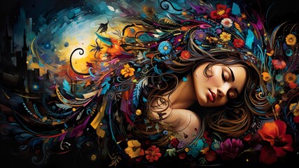 Dreamscape in Canvas - Hier erscheinen die Träume und Ziele der jungen Person als gemalte Bilder oder Symbole, eine kreative Interpretation ihrer Zukunft.