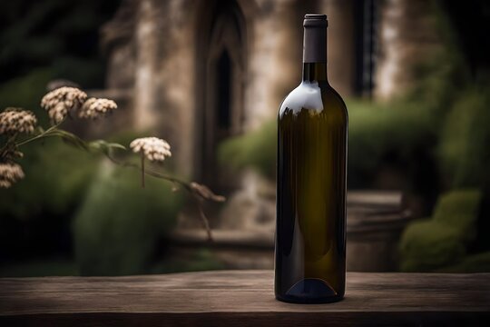 wine bottle presentation , old french castle and vineyard background