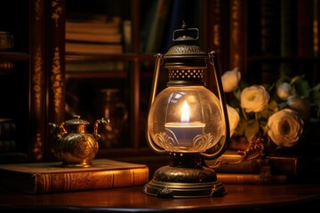 Vintage Oil Lamp in Victorian Study - obrazy, fototapety, plakaty