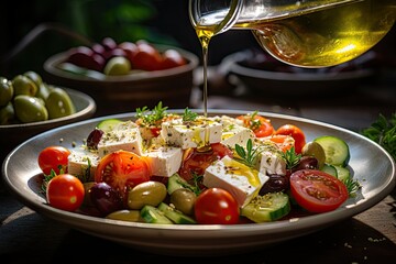 Olive Oil on Greek Salad - obrazy, fototapety, plakaty