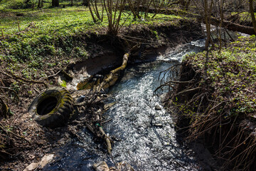 Stream bed with trash and discarded car tire