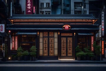 retro futuristic japanese storefront facade , neon glow ensigns , traditional japanese shop vitrine