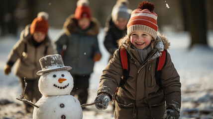 Smiling Little Girl with Snowflakes in Curly Blonde Hair and Red Cheeks Wearing Snow Hat by Snowman in Winter - AI Generated