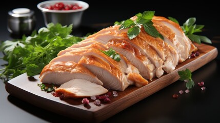 Marinated grilled healthy chicken breasts, served with fresh herbs and souse on a wooden board, close up view