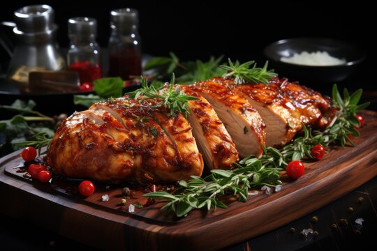 Marinated grilled healthy chicken breasts, served with fresh herbs and souse on a wooden board, close up view