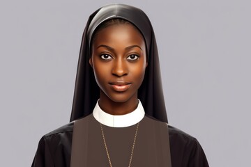 Young Catholic African American nun - woman on gray background looking at camera. Catholic nun preparing to serve God in church smiling and rejoicing at opportunity to be useful to people. - obrazy, fototapety, plakaty