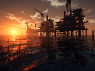 Offshore Oilfield at Sunset