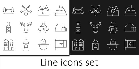 Obraz premium Set line Flag of Canada, Igloo ice house, Mountains, Moose head with horns, Beer bottle, Capilano Suspension Bridge, Maple syrup and Ice hockey sticks and puck icon. Vector