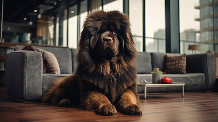 Portrait of a Tibetan Mastiff dog in an apartment, home interior, love and care, maintenance.