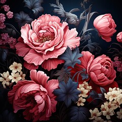 A romantic Victorian floral design, Vintage Floral Print Motif, High Contrast