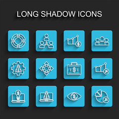 Set line Light bulb with dollar on laptop, Startup project concept, Business lifebuoy, Eye, Financial growth, Project team base, and Briefcase and money icon. Vector