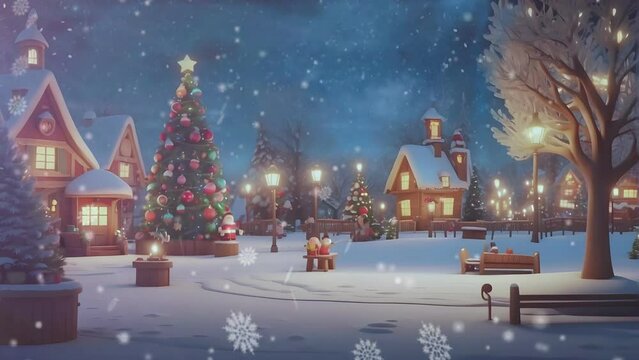 the atmosphere of a small children's park on Christmas Eve with Christmas tree decorations. seamless looping time-lapse virtual video animation background.