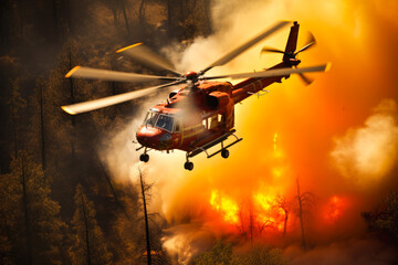 Rescue helicopter flying over a large fire in the forest