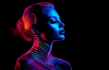 Closeup fashion profile portrait of a woman with neon light painting - obrazy, fototapety, plakaty