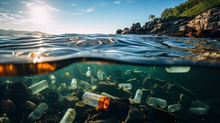 Ocean with plastic garbage with Ai generative technology