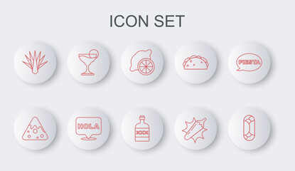 Set line Burrito, Nachos, Lemon, Hot chili pepper pod, Agave, Margarita cocktail, Hola and Tequila bottle icon. Vector © vector_v
