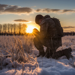 Photograph of a soldier kneeling after praying at sunrise. - obrazy, fototapety, plakaty