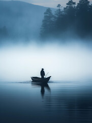 Foggy morning on a tranquil lake, silhouette of a lone fisherman on a boat, mist rising