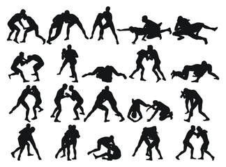 Set of silhouettes athletes wrestler in wrestling, fighting. Greco Roman wrestling, fight, combating, struggle, grappling, duel, mixed martial art, sportsmanship - obrazy, fototapety, plakaty