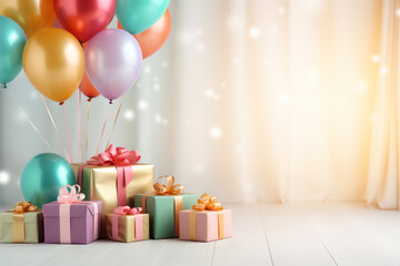 birthday background with balloons and gifts
