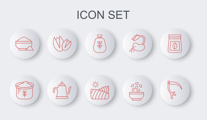 Set line Scythe, Bag of flour, Seeds in bowl, Flour, Pistachio nuts, Watering can and Agriculture wheat field icon. Vector