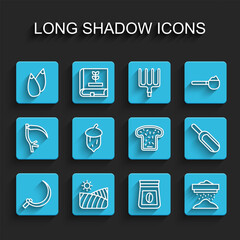 Set line Sickle, Agriculture wheat field, Seed, Bag of coffee beans, Sifting flour, Acorn, oak nut, seed, Scoop and Bread toast icon. Vector