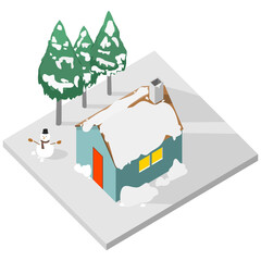 Christmas house, snowman and tree Flat isometric illustration.