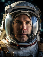 portrait of an astronaut in a space suit, visor up, revealing a focused expression, mid-40s, Caucasian, against the backdrop of the Earth from space