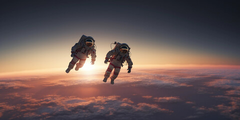 two astronauts, floating in space, tethered to a spacecraft, Earth in the far background - obrazy, fototapety, plakaty