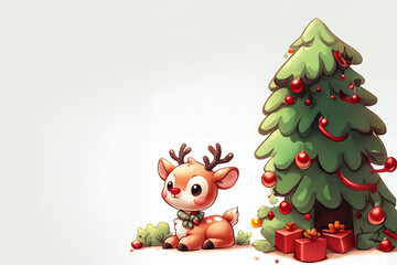 Rudolph, le petit renne au nez rouge, couché devant des paquets cadeaux de noël emballés et disposés au pied d'un sapin. Rudolph porte une écharpe pour ne pas avoir froid - Espace texte